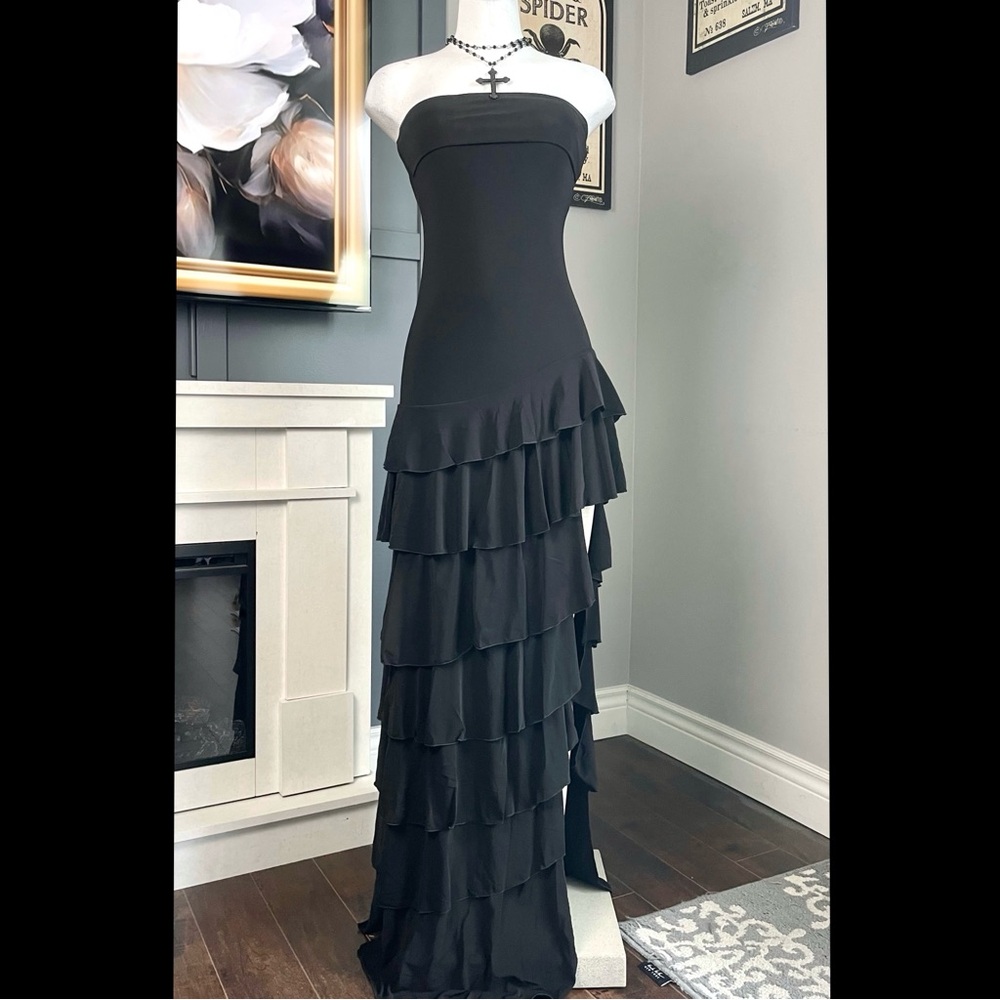 Black Strapless Ruffled Evening Gown
